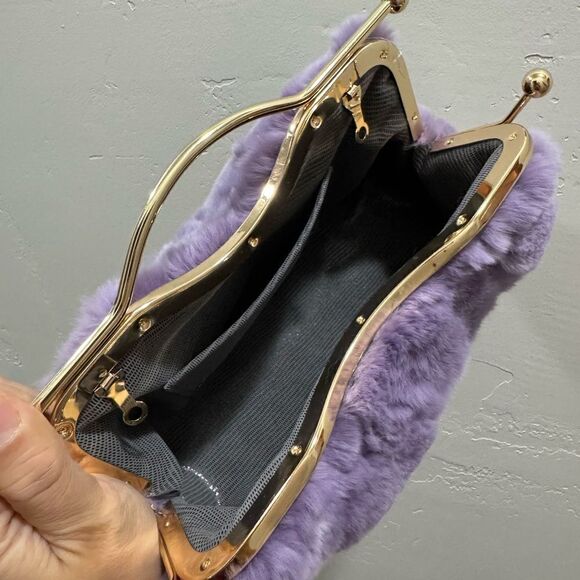 Lilac Handmade Real Rex Rabbit Fur Double Kisslock & Top Handle Purse/Crossbody - Picture 15 of 16